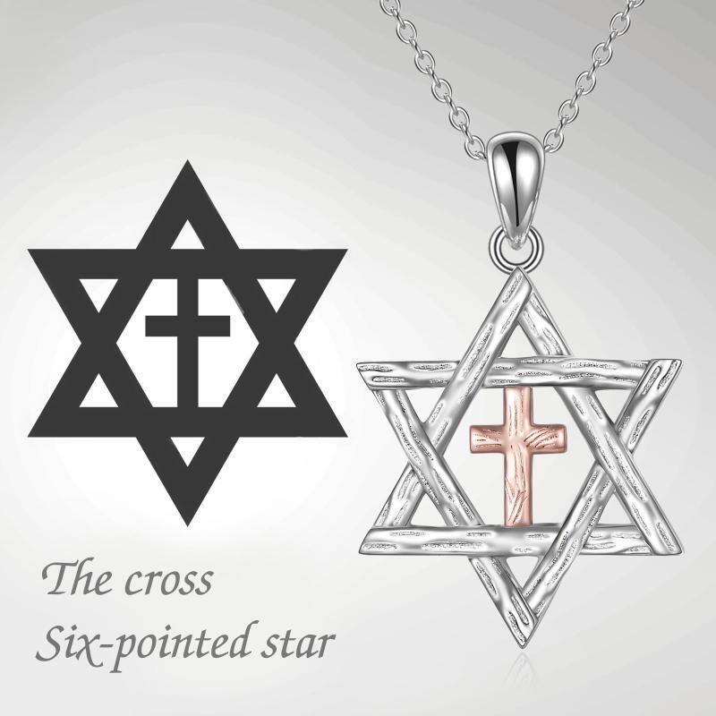 Sterling Silver Two-tone Cross & Star Of David Pendant Necklace-5