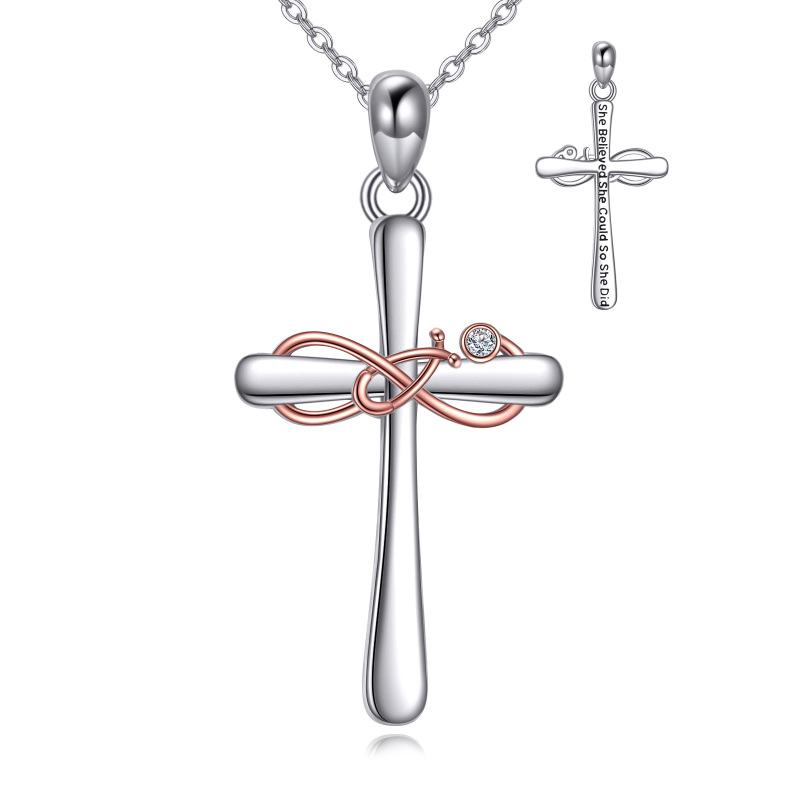 Sterling Silver Two-tone Cubic Zirconia Cross & Stethoscope Pendant Necklace-20