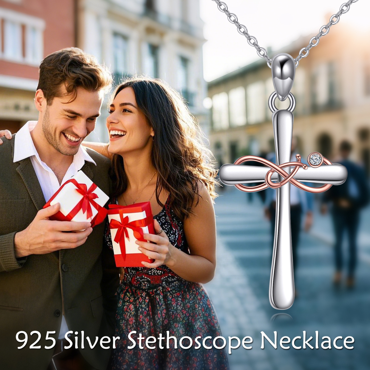 Sterling Silver Two-tone Cubic Zirconia Cross & Stethoscope Pendant Necklace-6
