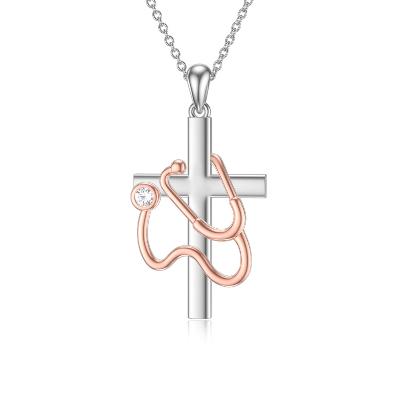 Sterling Silver Two-tone Cubic Zirconia Cross & Stethoscope Pendant Necklace-20