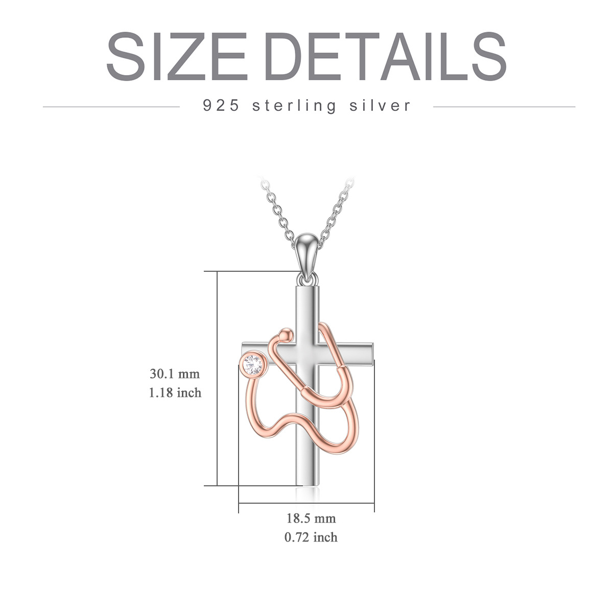 Sterling Silber zweifarbig Zirkonia Kreuz & Stethoskop Anhänger Halskette-5