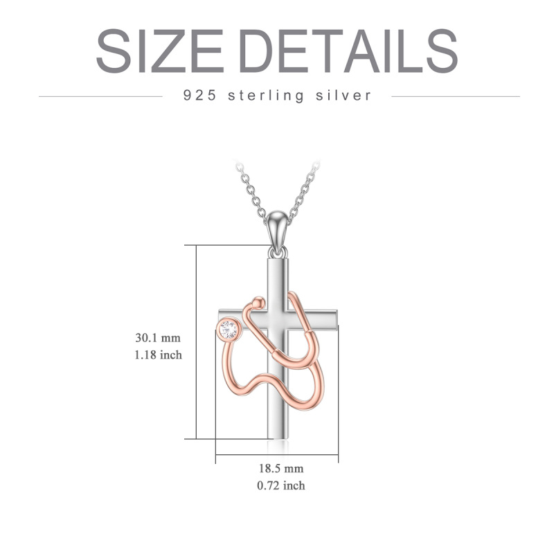 Sterling Silver Two-tone Cubic Zirconia Cross & Stethoscope Pendant Necklace-5