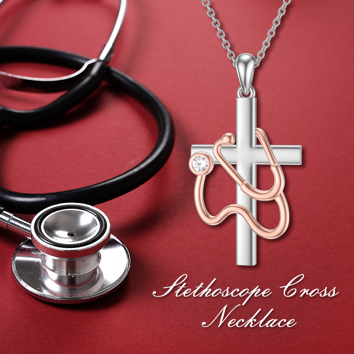 Collier en argent sterling avec pendentif croix et stéthoscope en zircon cubique bicolore-6