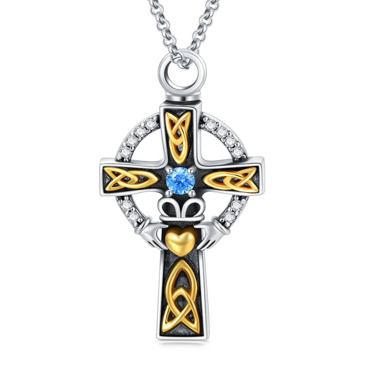 Sterling Silver Two-Tone Cubic Zirconia Cross Urn Necklace For Ashes For Men-1