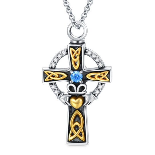 Sterling Silver Two-Tone Cubic Zirconia Cross Urn Necklace For Ashes For Men