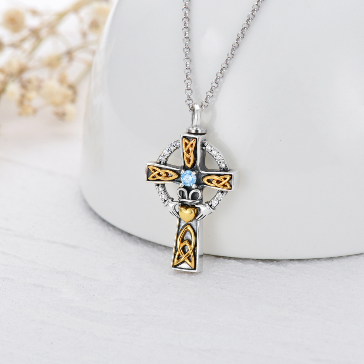 Sterling Silver Two-Tone Cubic Zirconia Cross Urn Necklace For Ashes For Men-3