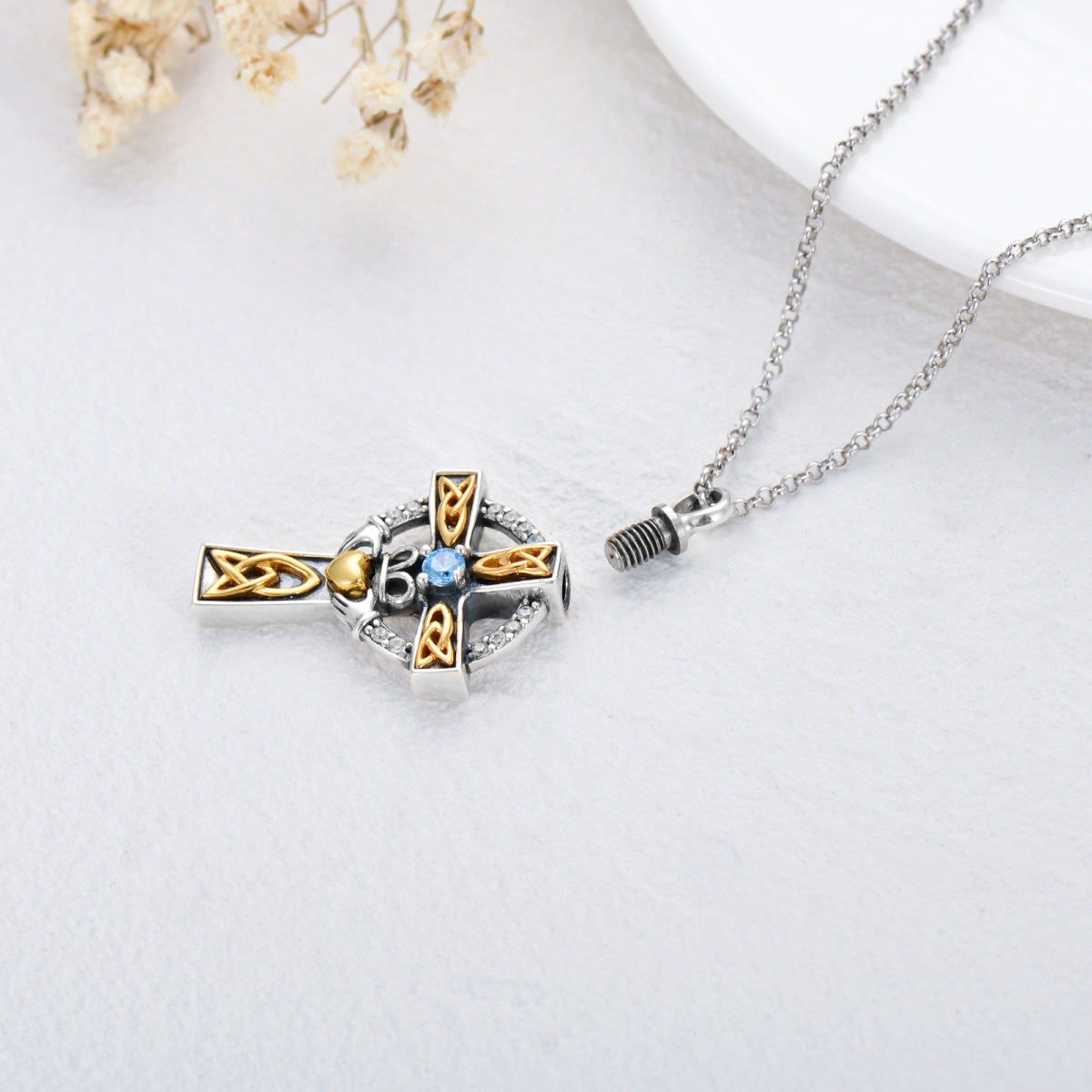 Sterling Silver Two-Tone Cubic Zirconia Cross Urn Necklace For Ashes For Men-4