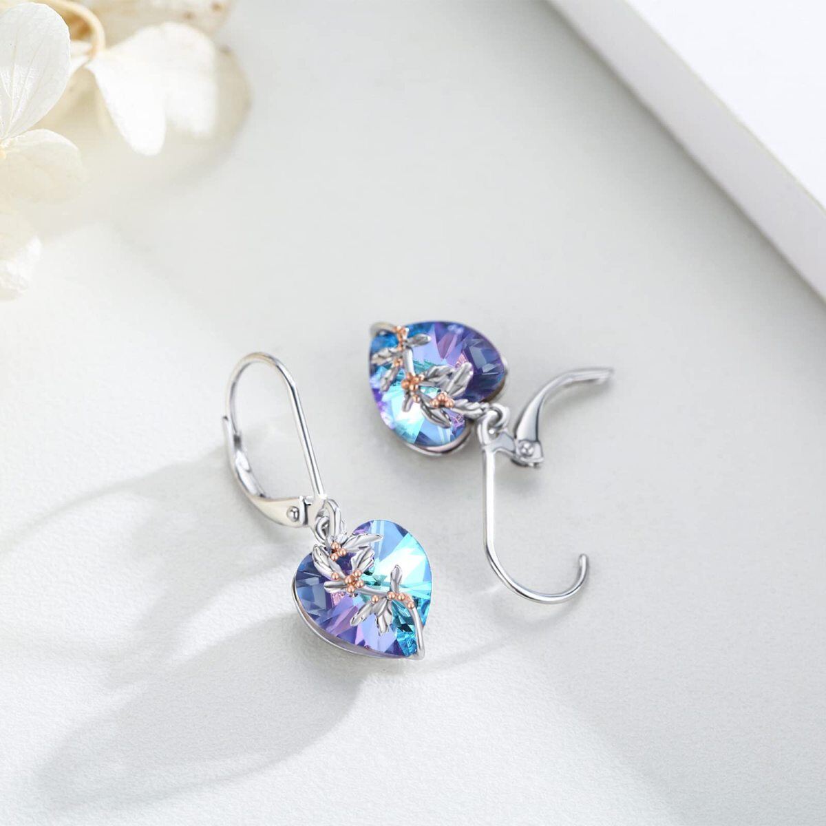 Sterling Silver Two-tone Crystal Birth Flower Lever-back Earrings-4