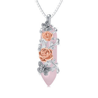 Sterling Silver Two-tone Crystal Butterfly & Rose Pendant Necklace-4