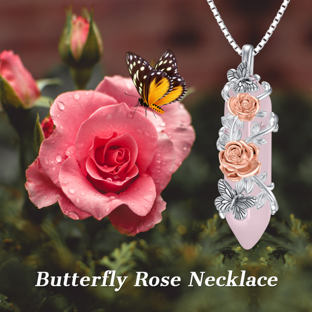 Sterling Silver Two-tone Crystal Butterfly & Rose Pendant Necklace-5