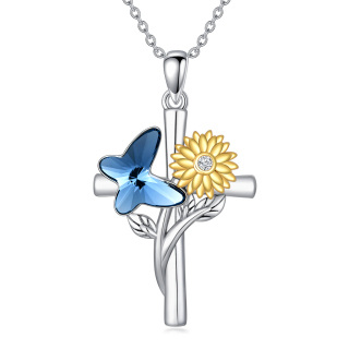 Sterling Silver Two-Tone Crystal Butterfly With Sunflower Cross Pendant Necklace For Women-3