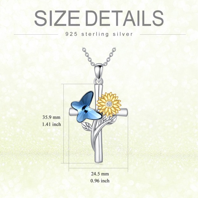 Sterling Silver Two-tone Crystal Butterfly & Sunflower & Cross Pendant Necklace-5