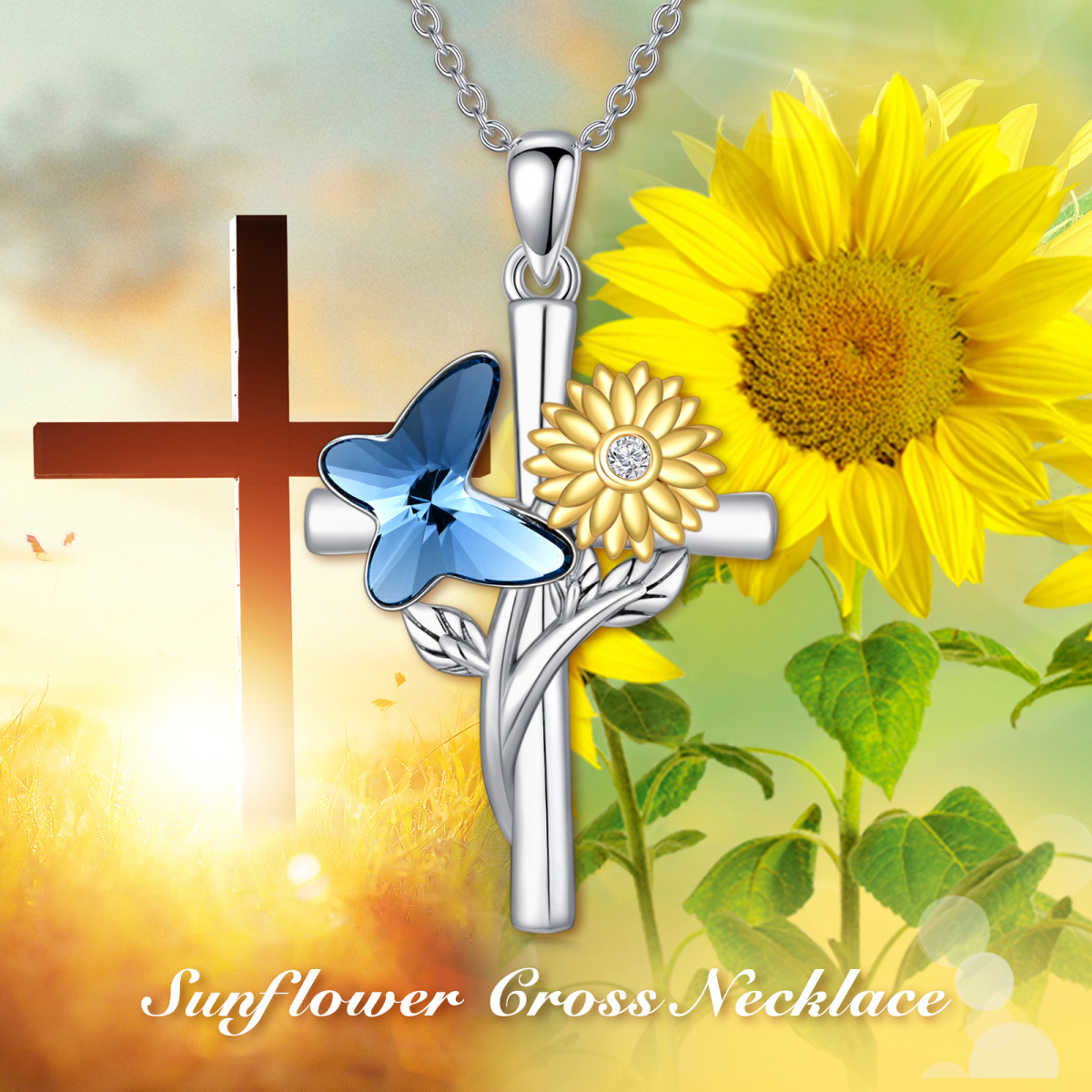 Collier en argent sterling avec pendentif papillon, tournesol et croix en cristal bicolore-6