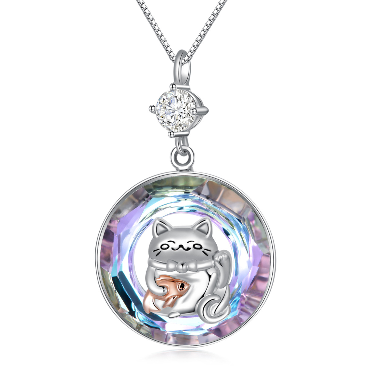 Collier en argent sterling avec pendentif chat en cristal et zircon cubique bicolore-1