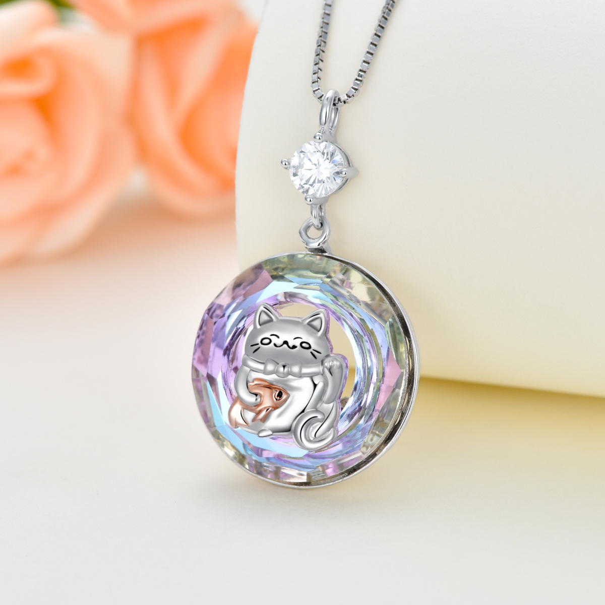 Sterling Silver Two-tone Crystal & Cubic Zirconia Cat Pendant Necklace-3