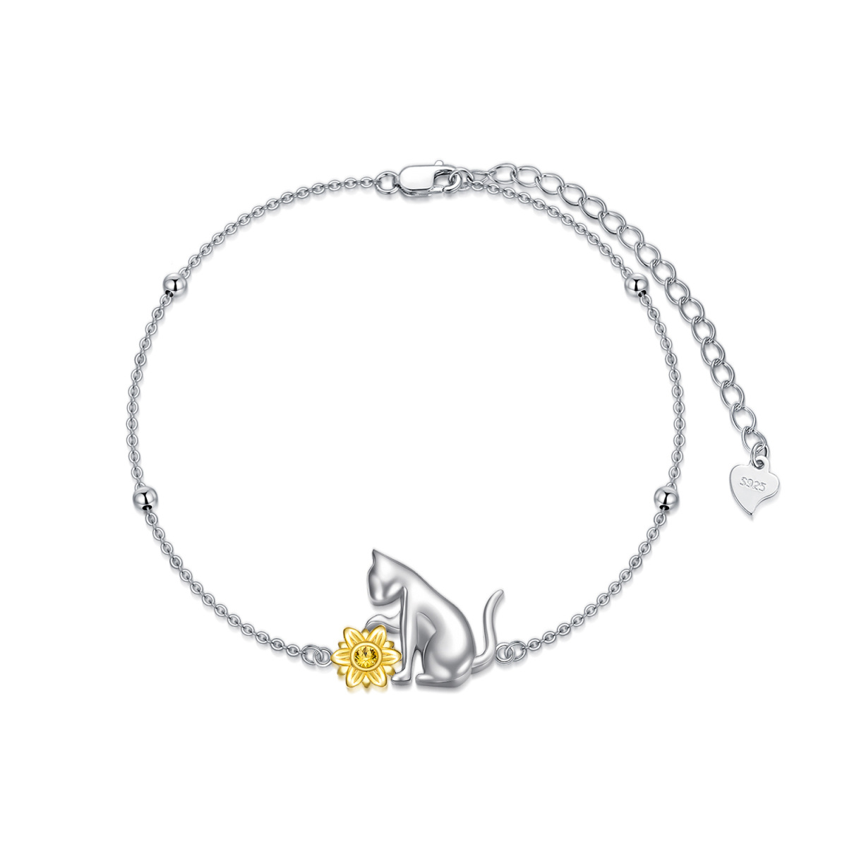 Sterling Silver Two-tone Crystal Cat & Sunflower Pendant Bracelet-1