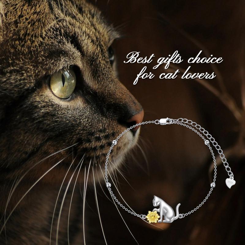 Sterling Silver Two-tone Crystal Cat & Sunflower Charm Bracelet-3