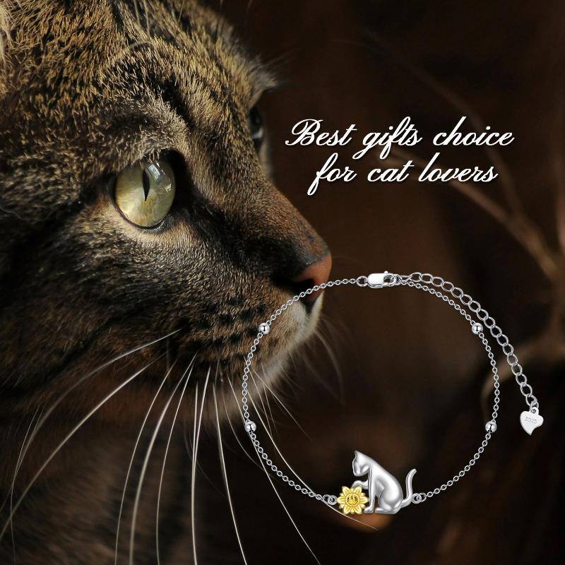 Zweifarbiges Armband aus Sterlingsilber mit Katzen- und Sonnenblumenanhänger-3