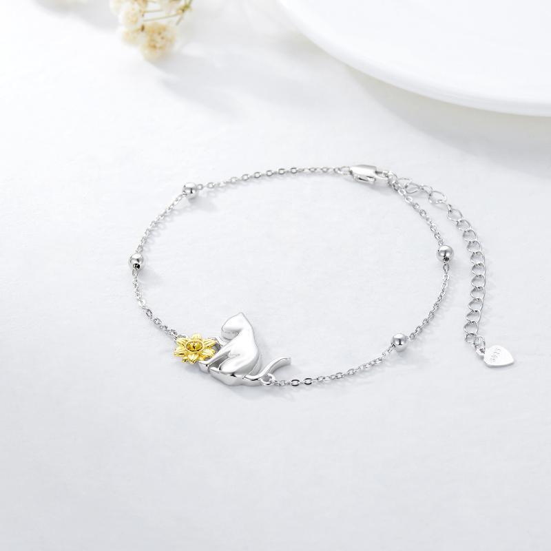 Sterling Silver Two-tone Crystal Cat & Sunflower Charm Bracelet-4