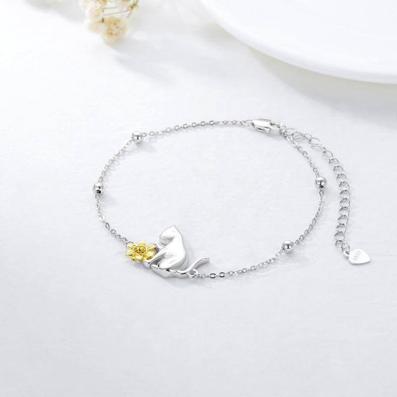 Sterling Silver Two-tone Crystal Cat & Sunflower Pendant Bracelet-4