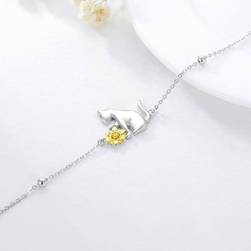 Sterling Silver Two-tone Crystal Cat & Sunflower Pendant Bracelet-5