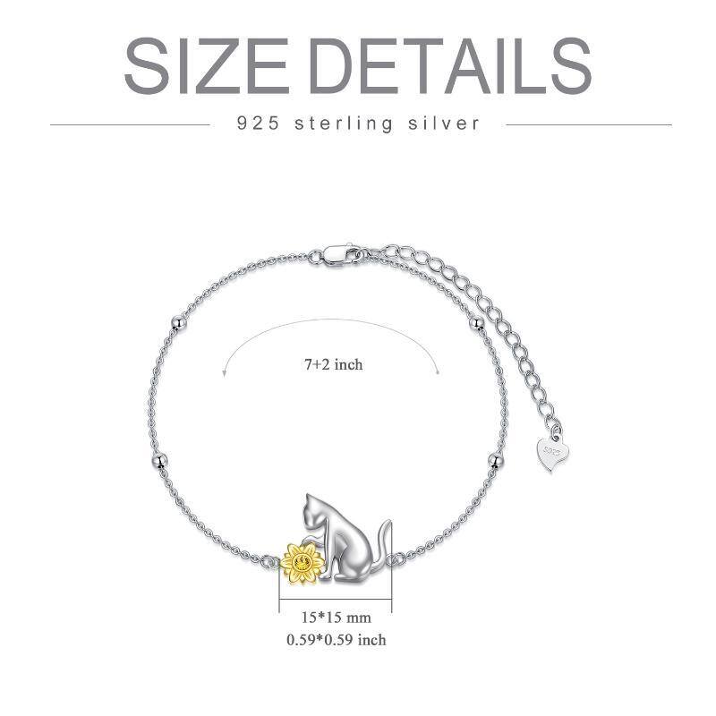 Sterling Silver Two-tone Crystal Cat & Sunflower Pendant Bracelet-6