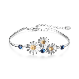 Sterling Silver Two-tone Crystal Daisy Pendant Bangle-3