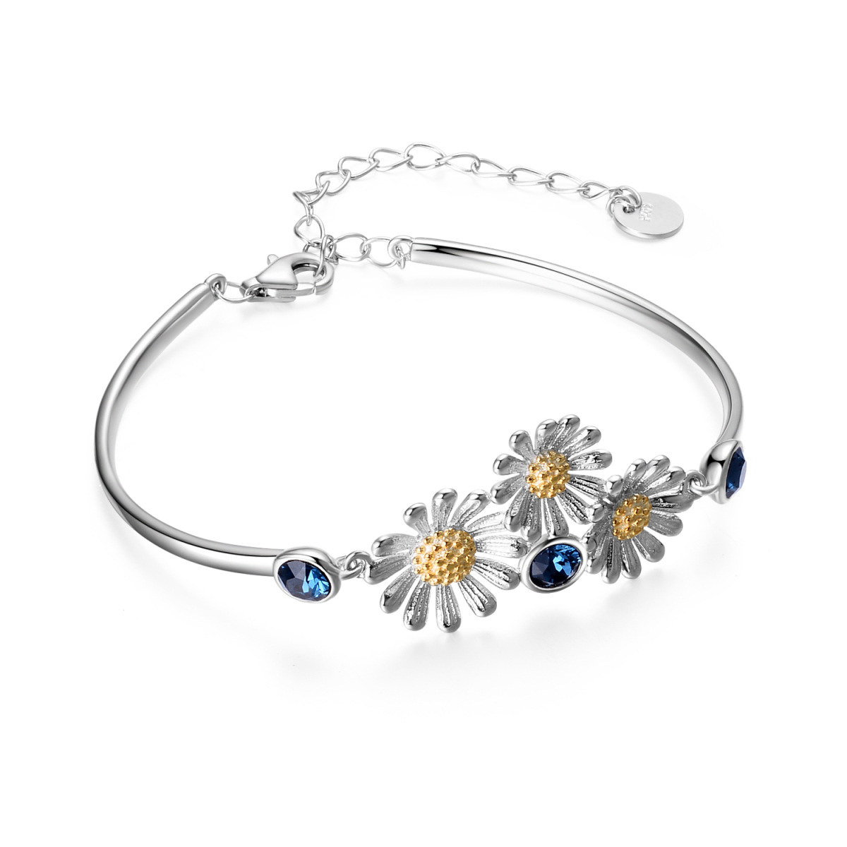 Sterling Silver Two-tone Crystal Daisy Pendant Bangle-5