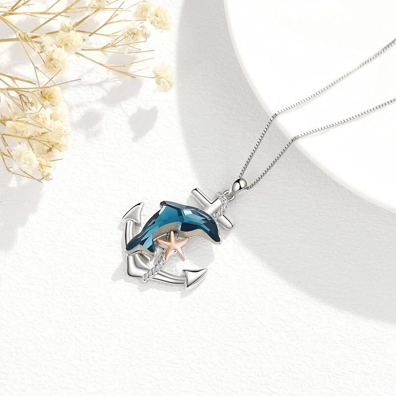 Colar com pingente de golfinho e âncora em prata de lei com dois tons de cristal-5