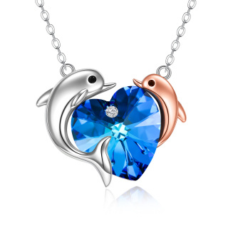 Sterling Silver Two-tone Crystal Dolphin & Heart Pendant Necklace-2