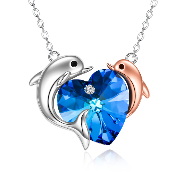 Sterling Silver Two-tone Crystal Dolphin & Heart Pendant Necklace-5