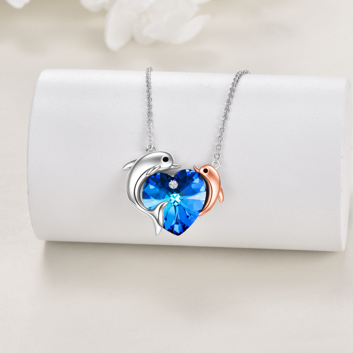 Sterling Silver Two-tone Crystal Dolphin & Heart Pendant Necklace-3