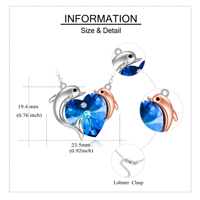 Sterling Silber zweifarbig Kristall Delfin & Herz Anhänger Halskette-5