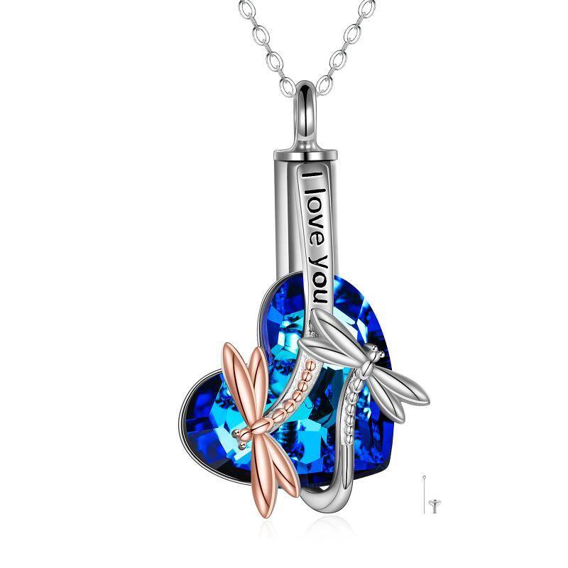 Sterling Silver Two-tone Crystal Dragonfly & Heart Urn Necklace for Ashes with Engraved Word-1