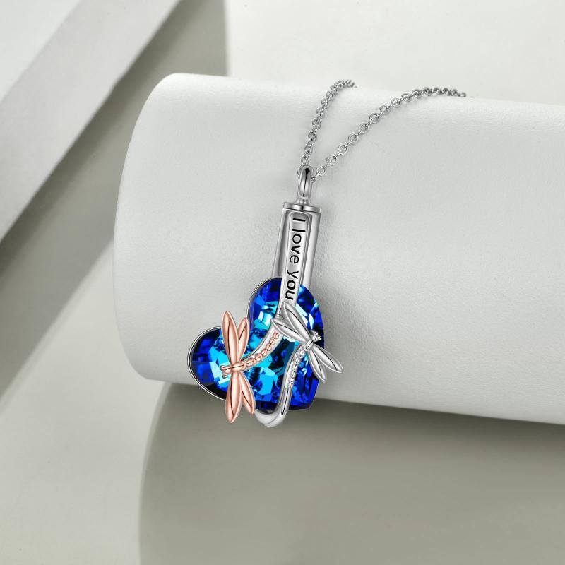 Sterling Silver Two-tone Crystal Dragonfly & Heart Urn Necklace for Ashes with Engraved Word-3