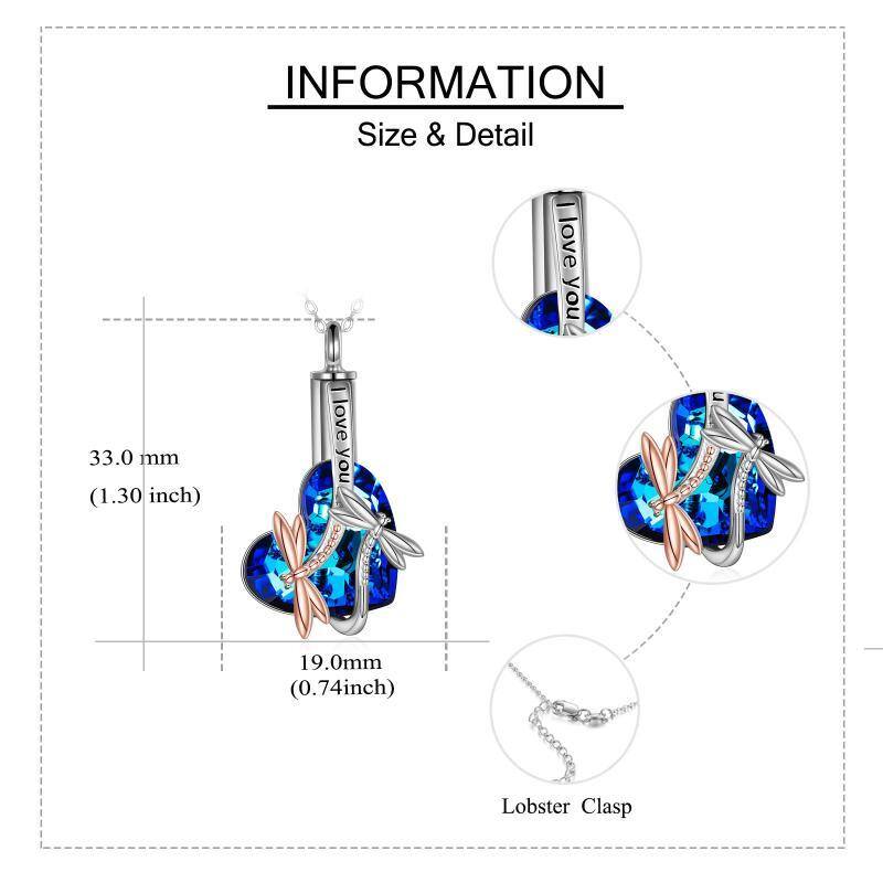 Plata de ley de dos tonos de cristal libélula y el corazón urna collar con la palabra grab-5