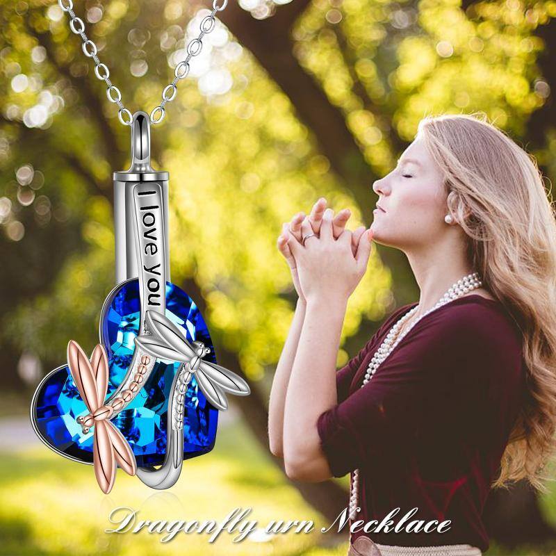 Plata de ley de dos tonos de cristal libélula y el corazón urna collar con la palabra grab-6