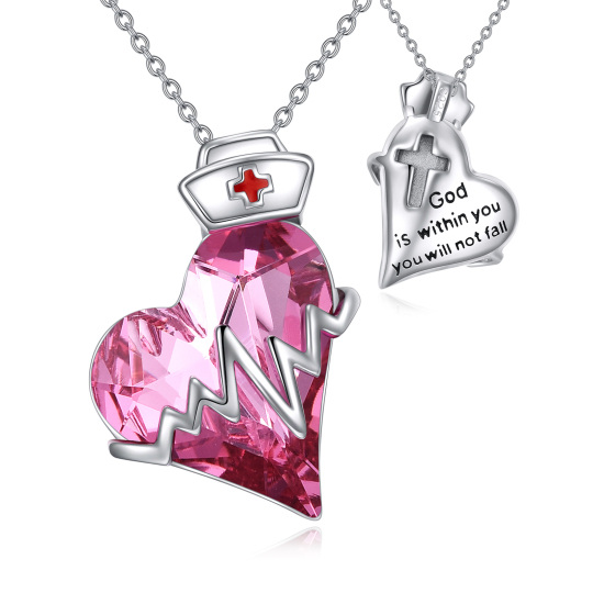 Sterling Silver Two-tone Crystal Electrocardiogram & Heart Pendant Necklace with Engraved Word