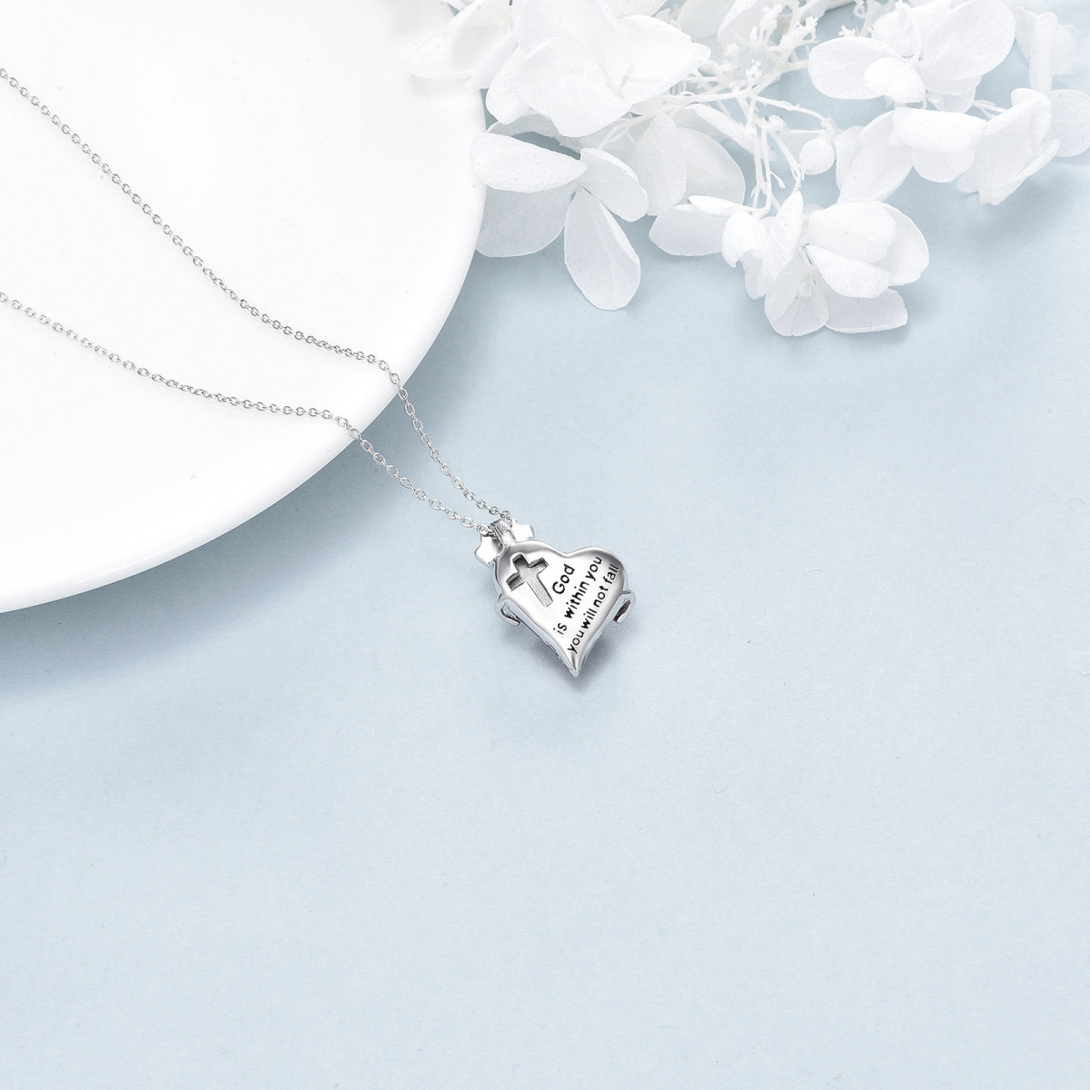 Sterling Silver Two-tone Crystal Electrocardiogram & Heart Pendant Necklace with Engraved Word-4