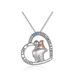 Sterling Silver Two-tone Crystal Father & Daughtern Heart Pendant Necklace with Engraved Word-60