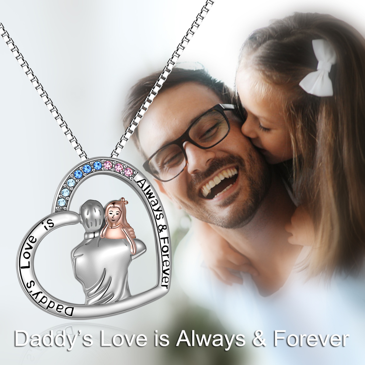 Sterling Silver Two-tone Crystal Father & Daughtern Heart Pendant Necklace with Engraved Word-2