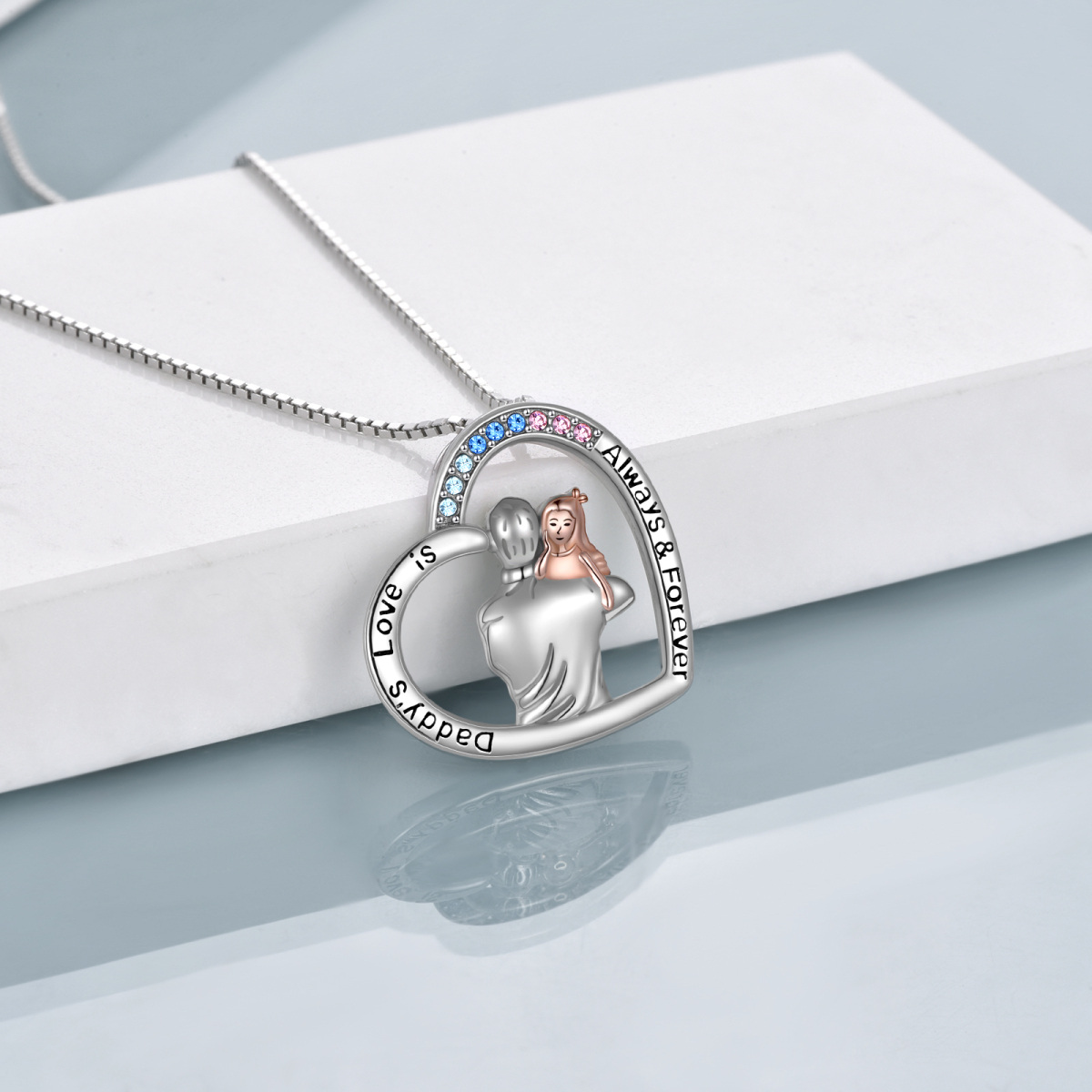 Sterling Silver Two-tone Crystal Father & Daughtern Heart Pendant Necklace with Engraved Word-5