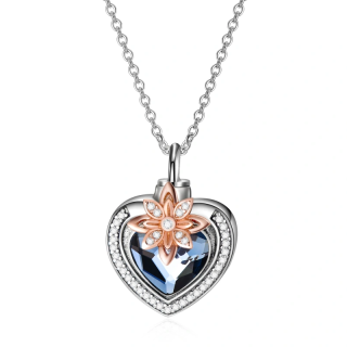 Sterling Silver Two-tone Crystal Flowers Heart Engraved Urn Necklace for Ashes for Women-59