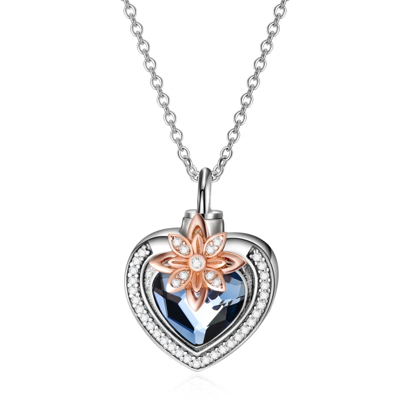 Sterling Silver Two-tone Crystal Flowers Heart Engraved Urn Necklace for Ashes for Women-13