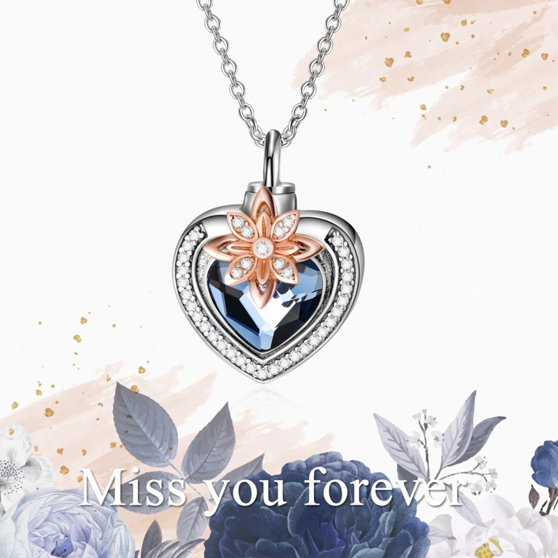 Collana con urna incisa a forma di cuore con fiori di cristallo bicolore in argento sterling per ceneri da donna-4