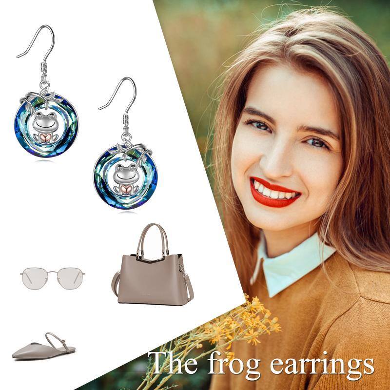 Sterling Silver Two-tone Crystal Frog Drop Earrings-6