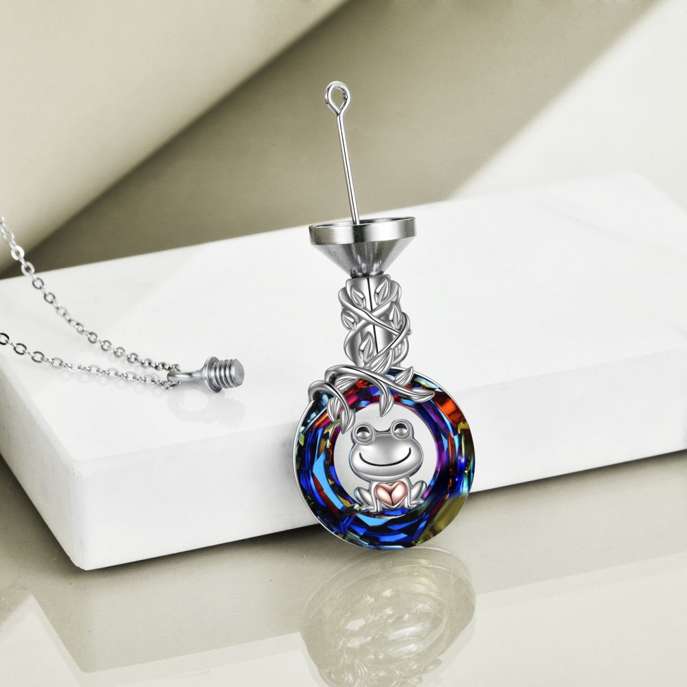 Collier en argent sterling avec grenouille et urne en forme de coeur en cristal bicolore-3