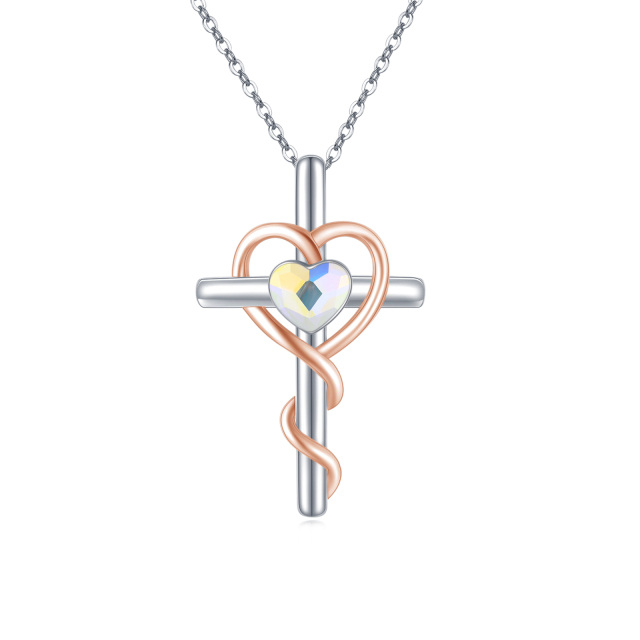 Sterling Silver Two-tone Crystal Heart Pendant Necklace-1