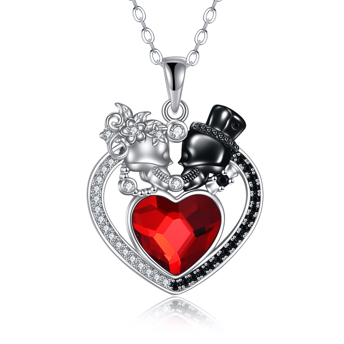 Sterling Silver Two-Tone Heart Crystal Cubic Zirconia Skull Pendant Necklace For Unisex-1