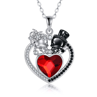 Sterling Silver Two-Tone Heart Crystal Cubic Zirconia Skull Pendant Necklace For Unisex-3